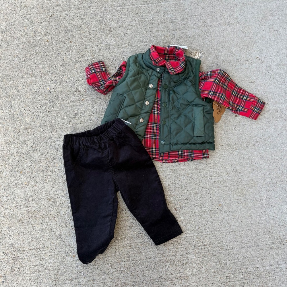 Baby Essentials 6M 3PC Vest Jogger Set Green Quilted Vest Red Plaid Shirt NWT